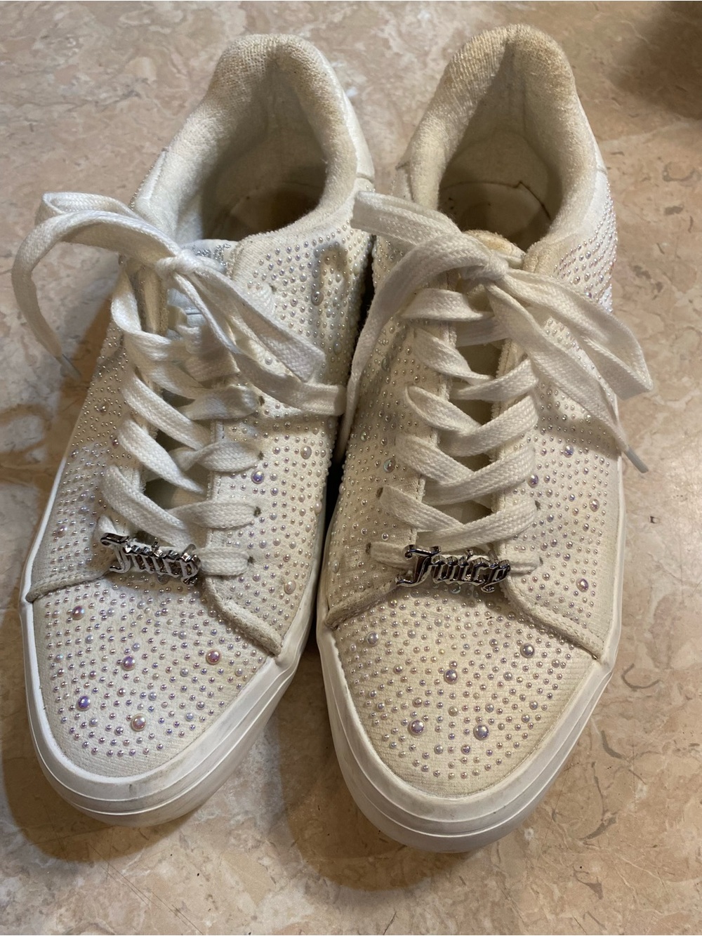 Juicy Couture Ivory Crystal-Studded Lace-Up Sneakers